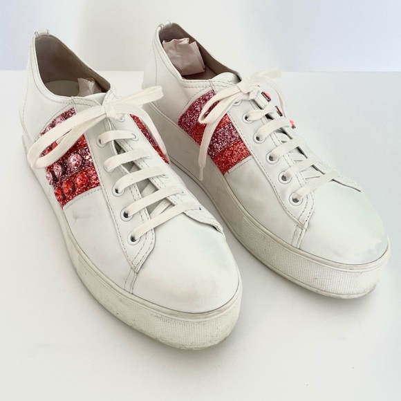 Miu Miu Crystals Glitter White Leather‎ Platform Sneakers Size 10 - Picture 1 of 5